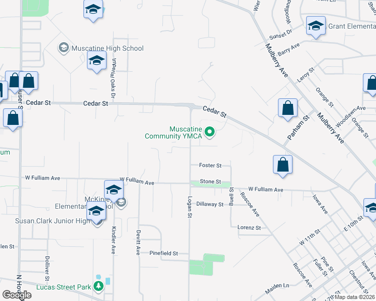 map of restaurants, bars, coffee shops, grocery stores, and more near 1814 Logan Street in Muscatine