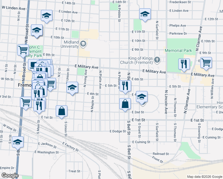 map of restaurants, bars, coffee shops, grocery stores, and more near 450 North Logan Street in Fremont