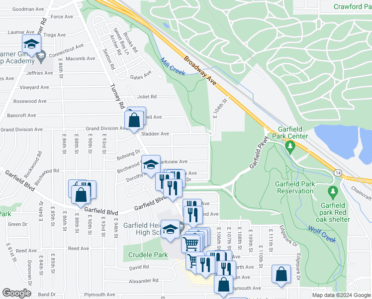 map of restaurants, bars, coffee shops, grocery stores, and more near 10012 Robinson Avenue in Garfield Heights