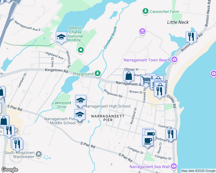 map of restaurants, bars, coffee shops, grocery stores, and more near 137A Kingstown Road in Narragansett