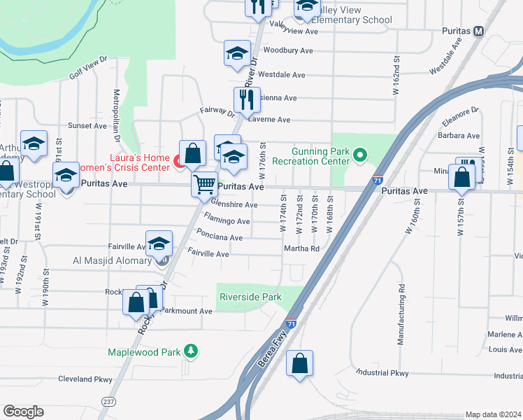 map of restaurants, bars, coffee shops, grocery stores, and more near 17601 Glenshire Avenue in Cleveland