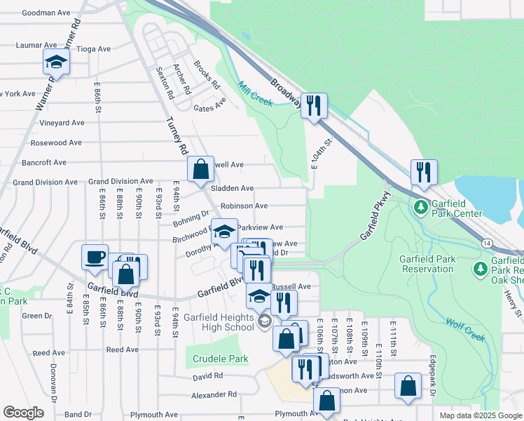 map of restaurants, bars, coffee shops, grocery stores, and more near 9908 Robinson Avenue in Garfield Heights