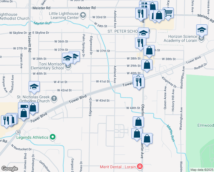 map of restaurants, bars, coffee shops, grocery stores, and more near 1500 Tower Boulevard in Lorain
