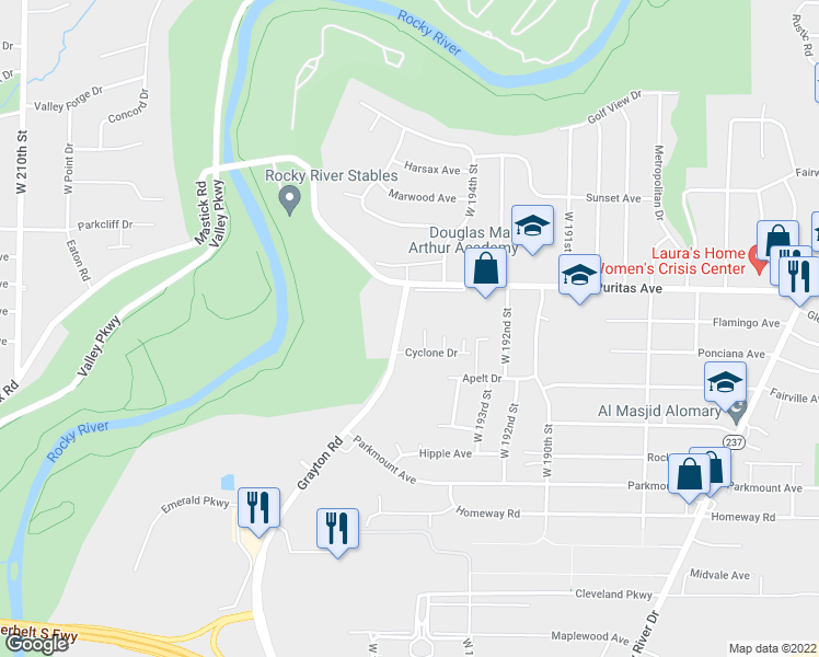 map of restaurants, bars, coffee shops, grocery stores, and more near 4519 Grayton Road in Cleveland