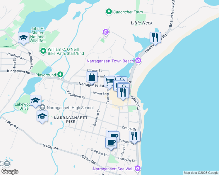 map of restaurants, bars, coffee shops, grocery stores, and more near 20 Narragansett Avenue in Narragansett