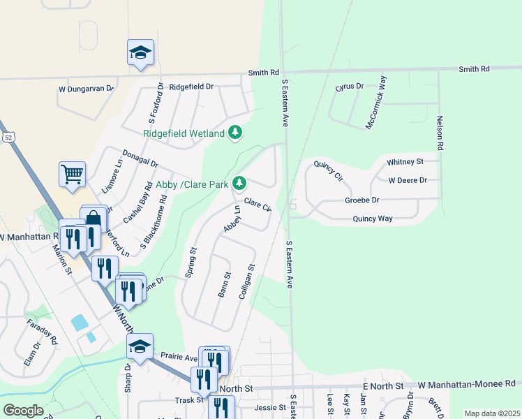 map of restaurants, bars, coffee shops, grocery stores, and more near 25002 Clare Cir in Manhattan