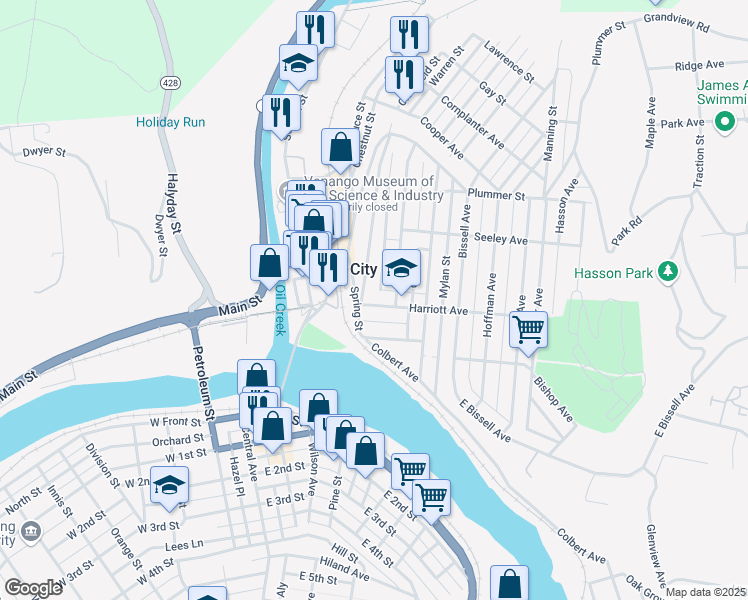 map of restaurants, bars, coffee shops, grocery stores, and more near 4 Harriott Avenue in Oil City