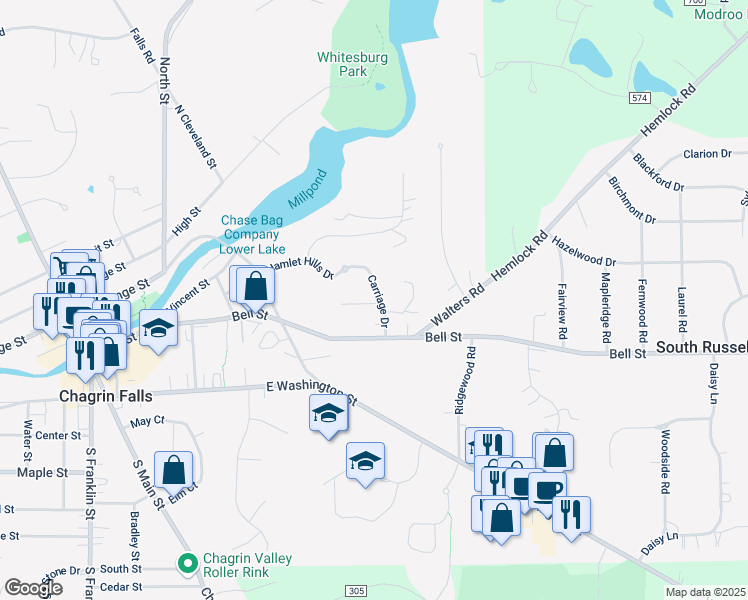 map of restaurants, bars, coffee shops, grocery stores, and more near 181 West Carriage Drive in Chagrin Falls