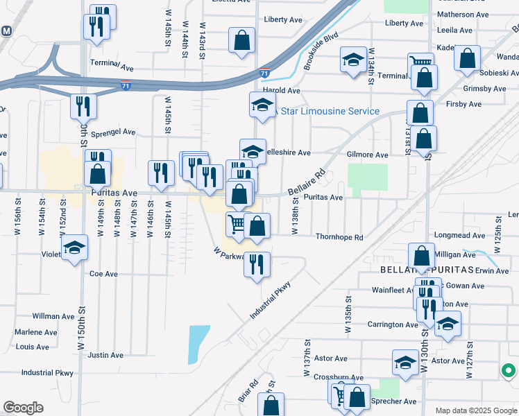 map of restaurants, bars, coffee shops, grocery stores, and more near 4464 West 140th Street in Cleveland