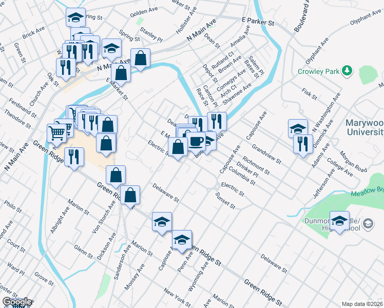 map of restaurants, bars, coffee shops, grocery stores, and more near 700 East Market Street in Scranton