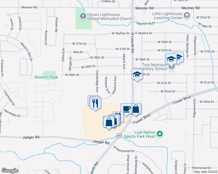 map of restaurants, bars, coffee shops, grocery stores, and more near 4123 Kenyon Avenue in Lorain