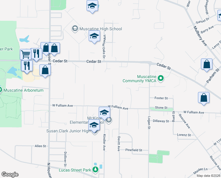 map of restaurants, bars, coffee shops, grocery stores, and more near 1908 Hammann Street in Muscatine