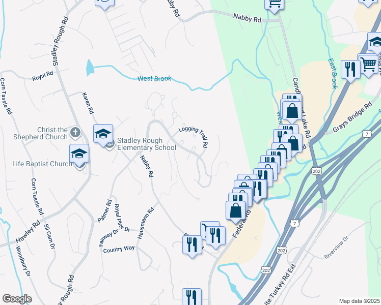 map of restaurants, bars, coffee shops, grocery stores, and more near 1001 Hancock Drive in Danbury