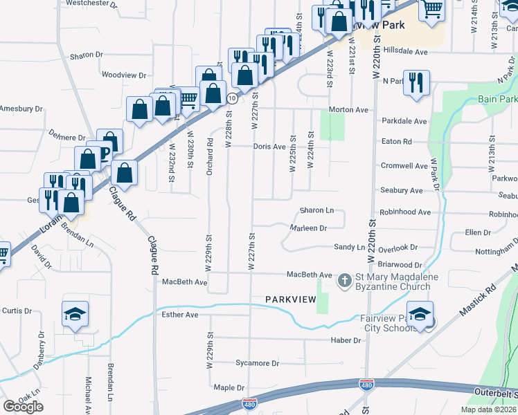 map of restaurants, bars, coffee shops, grocery stores, and more near 4759 West 227th Street in Fairview Park