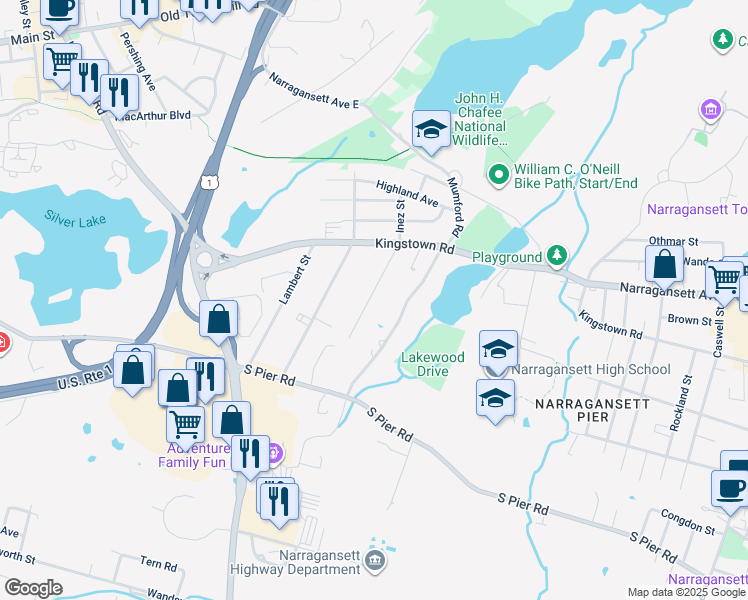 map of restaurants, bars, coffee shops, grocery stores, and more near 61 Inez St in Narragansett