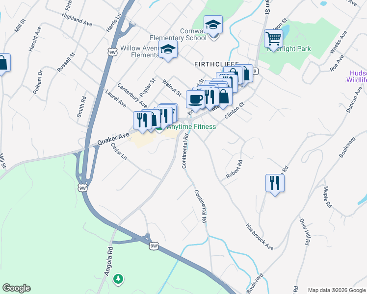 map of restaurants, bars, coffee shops, grocery stores, and more near 20 Continental Road in Cornwall