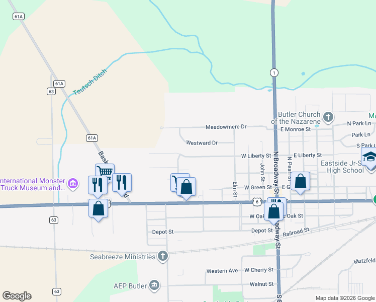 map of restaurants, bars, coffee shops, grocery stores, and more near 529 West Liberty Street in Butler