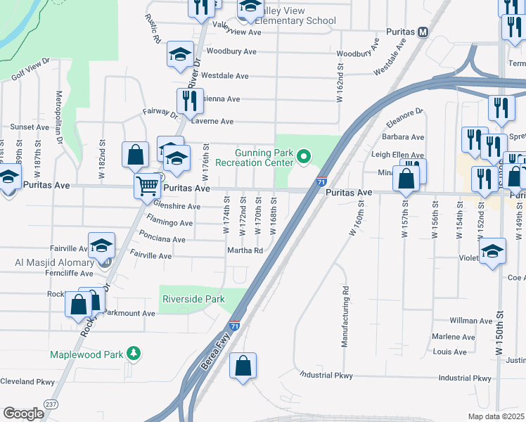 map of restaurants, bars, coffee shops, grocery stores, and more near 4477 W 170th St in Cleveland