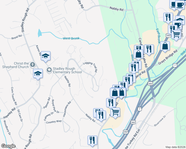 map of restaurants, bars, coffee shops, grocery stores, and more near 142 Logging Trail Road in Danbury