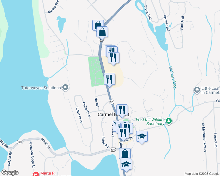 map of restaurants, bars, coffee shops, grocery stores, and more near 128 Gleneida Avenue in Carmel Hamlet
