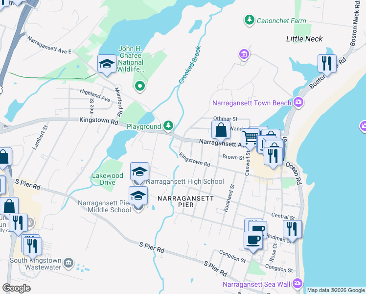 map of restaurants, bars, coffee shops, grocery stores, and more near 137A Kingstown Road in Narragansett