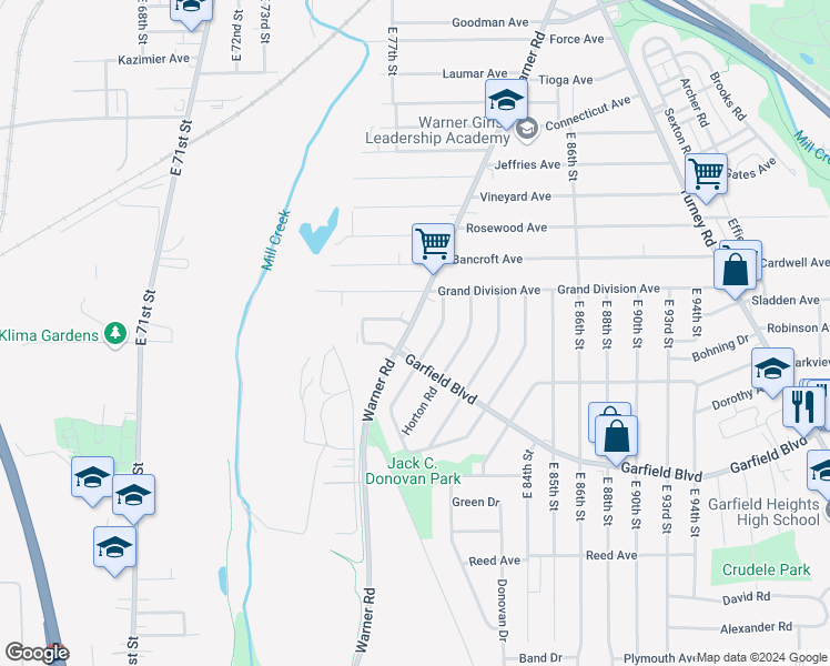 map of restaurants, bars, coffee shops, grocery stores, and more near 4641 Warner Road in Garfield Heights