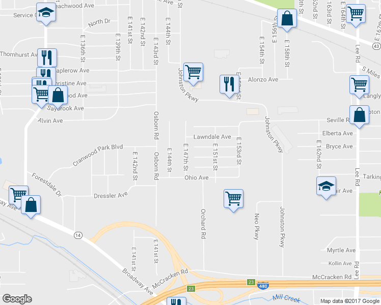 map of restaurants, bars, coffee shops, grocery stores, and more near 4651 East 147th Street in Cleveland