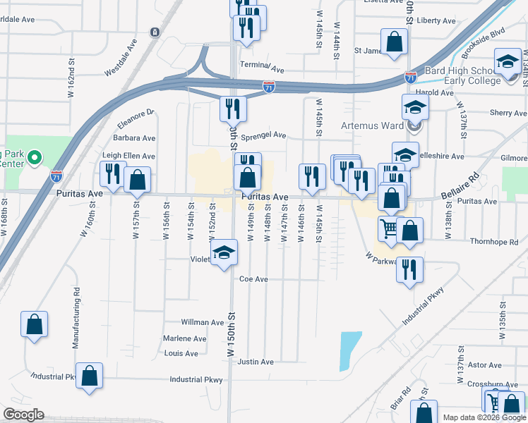 map of restaurants, bars, coffee shops, grocery stores, and more near 4468 West 148th Street in Cleveland