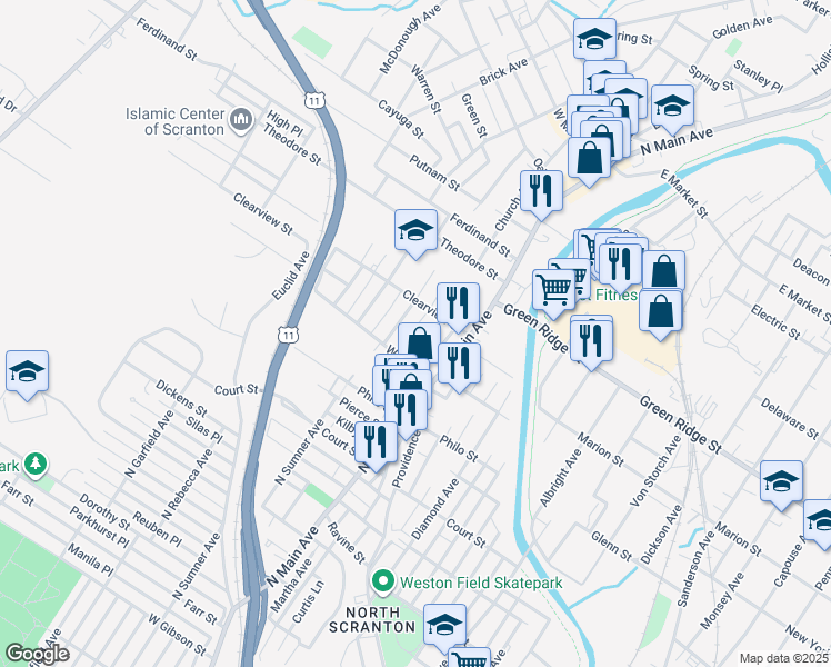 map of restaurants, bars, coffee shops, grocery stores, and more near 142 Roberts Court in Scranton