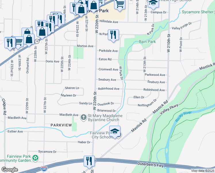 map of restaurants, bars, coffee shops, grocery stores, and more near 21900 Robinhood Avenue in Fairview Park