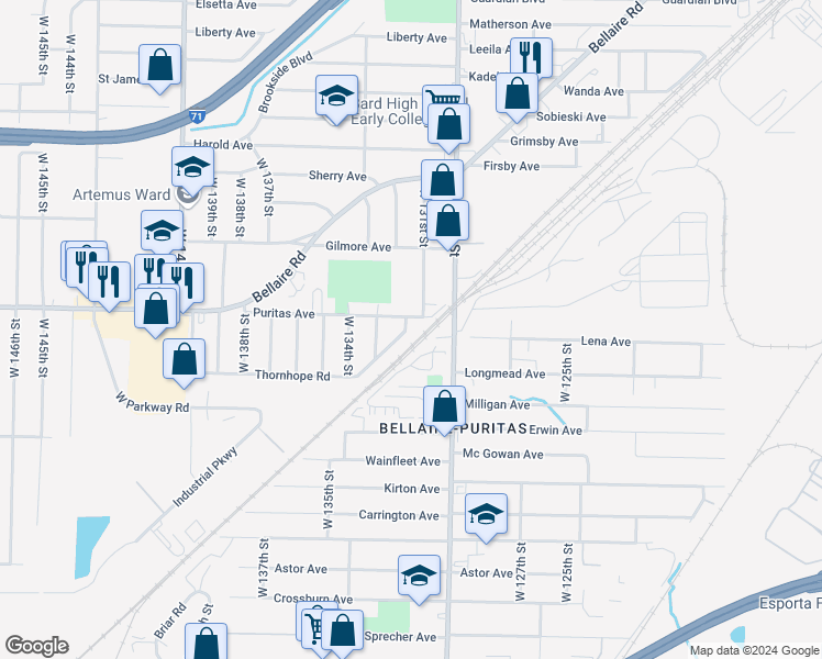 map of restaurants, bars, coffee shops, grocery stores, and more near 13115 Puritas Avenue in Cleveland