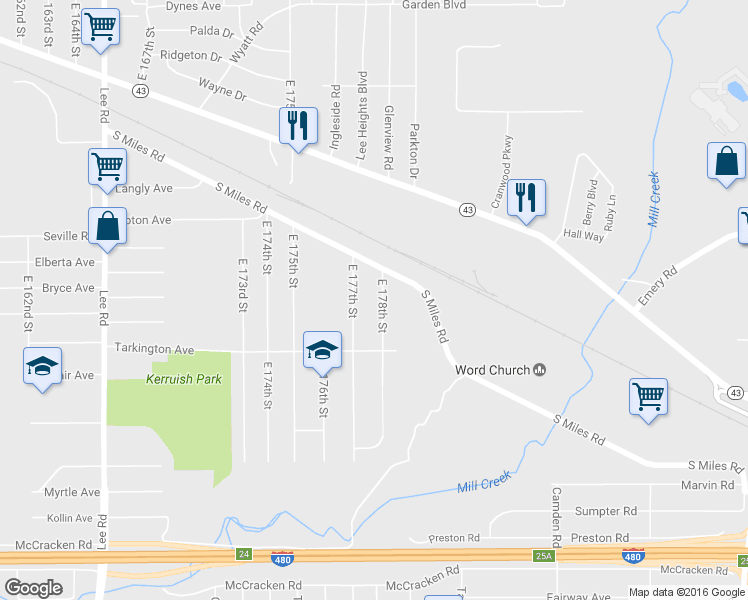 map of restaurants, bars, coffee shops, grocery stores, and more near 4650 East 178th Street in Cleveland