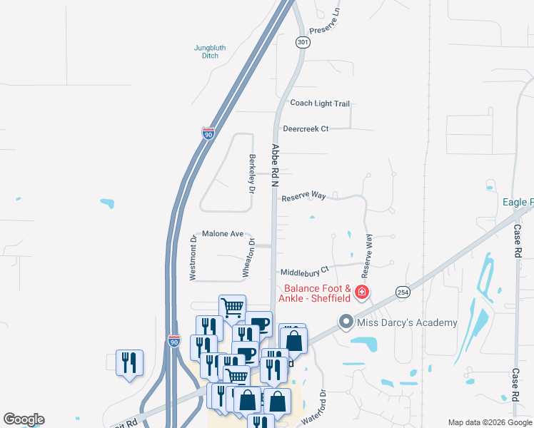 map of restaurants, bars, coffee shops, grocery stores, and more near 4280 Ohio 301 in Sheffield Lake
