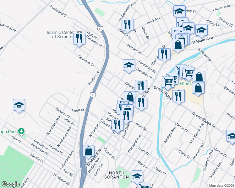 map of restaurants, bars, coffee shops, grocery stores, and more near 1306 Wood Street in Scranton