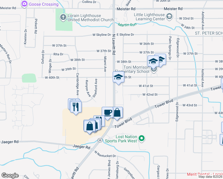 map of restaurants, bars, coffee shops, grocery stores, and more near 4112 North Leavitt Road in Lorain