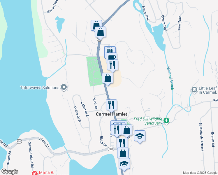 map of restaurants, bars, coffee shops, grocery stores, and more near 128 Gleneida Avenue in Carmel Hamlet