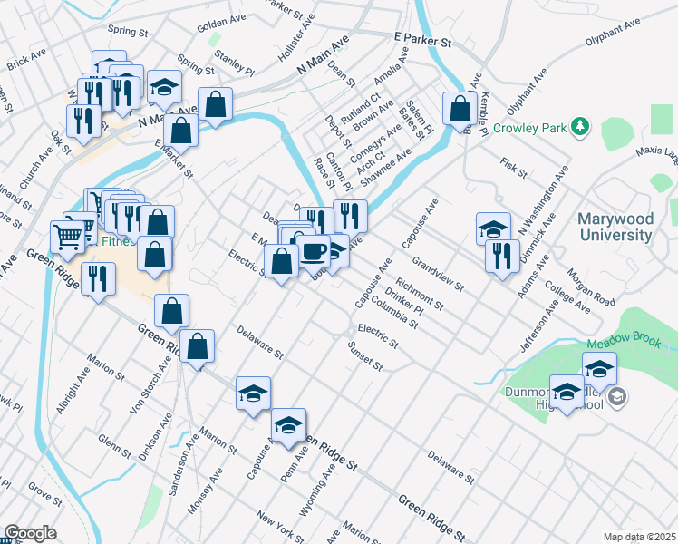 map of restaurants, bars, coffee shops, grocery stores, and more near 719 Columbia Street in Scranton
