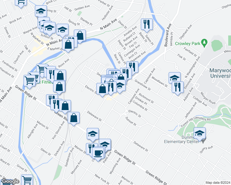 map of restaurants, bars, coffee shops, grocery stores, and more near 1901 Sanderson Avenue in Scranton