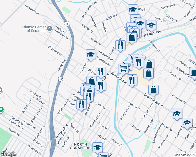 map of restaurants, bars, coffee shops, grocery stores, and more near 1503 North Main Avenue in Scranton