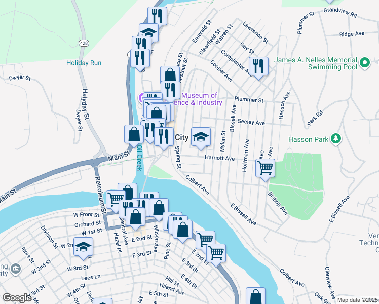 map of restaurants, bars, coffee shops, grocery stores, and more near 4 Harriott Avenue in Oil City