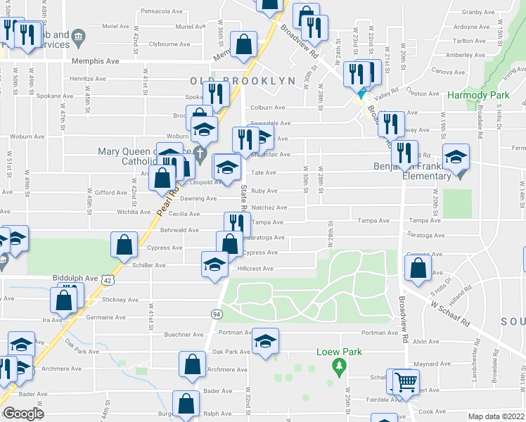map of restaurants, bars, coffee shops, grocery stores, and more near 3114 Natchez Avenue in Cleveland