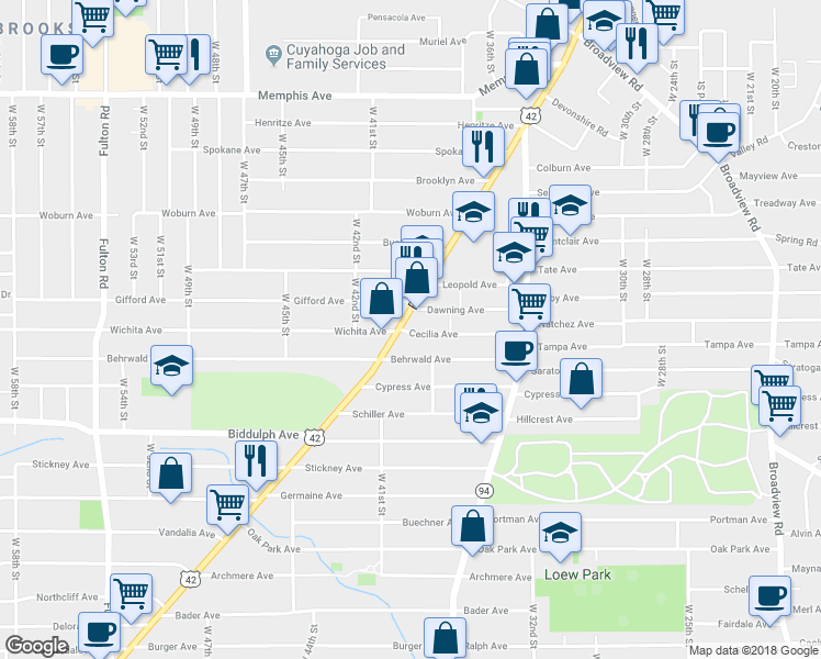 map of restaurants, bars, coffee shops, grocery stores, and more near 3908 Cecilia Avenue in Cleveland
