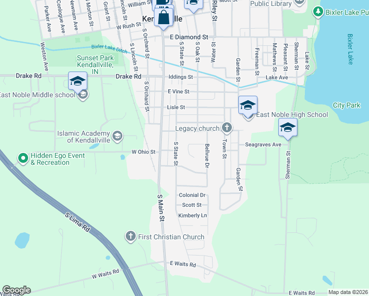 map of restaurants, bars, coffee shops, grocery stores, and more near 215 Penrose Dr in Kendallville