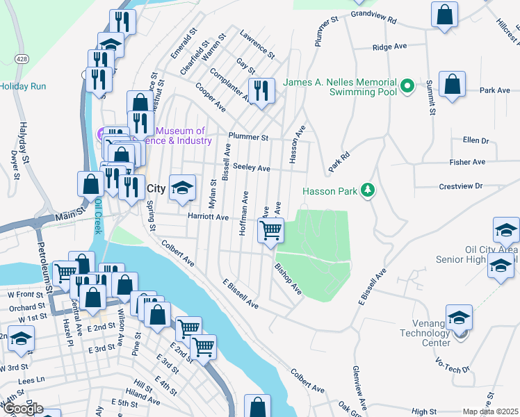 map of restaurants, bars, coffee shops, grocery stores, and more near 214 Hone Ave in Oil City