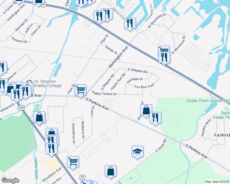map of restaurants, bars, coffee shops, grocery stores, and more near 2207 Fallen Timber Drive in Sandusky