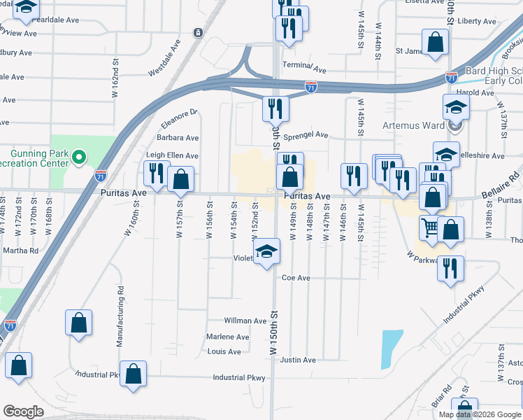 map of restaurants, bars, coffee shops, grocery stores, and more near 4469 W 152nd St in Cleveland
