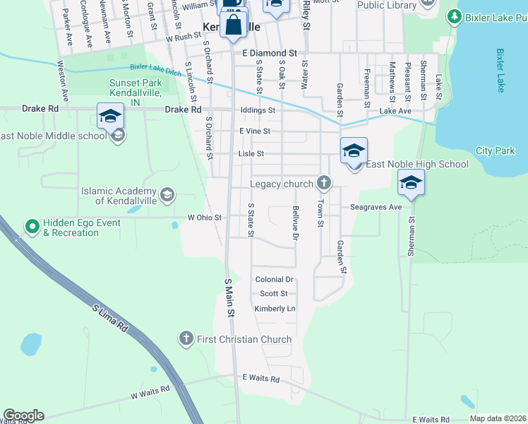map of restaurants, bars, coffee shops, grocery stores, and more near 215 Penrose Drive in Kendallville