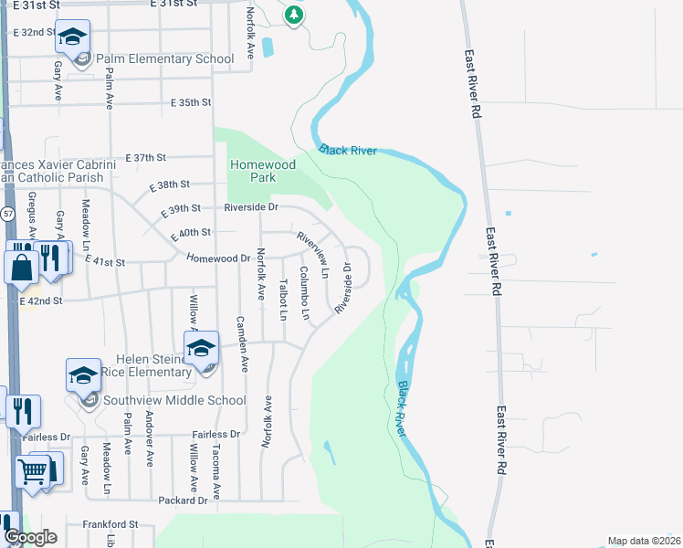 map of restaurants, bars, coffee shops, grocery stores, and more near 4140 Riverside Drive in Lorain