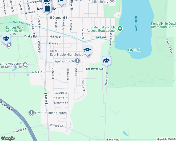 map of restaurants, bars, coffee shops, grocery stores, and more near 604 Seagraves Avenue in Kendallville