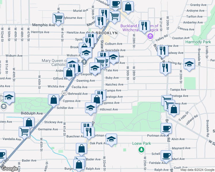 map of restaurants, bars, coffee shops, grocery stores, and more near 3401 Natchez Avenue in Cleveland